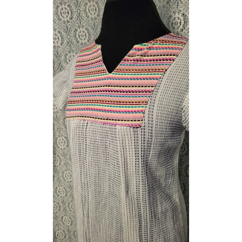 THML Boho Embroidered Gauze Shift Dress White Black Striped Size Small